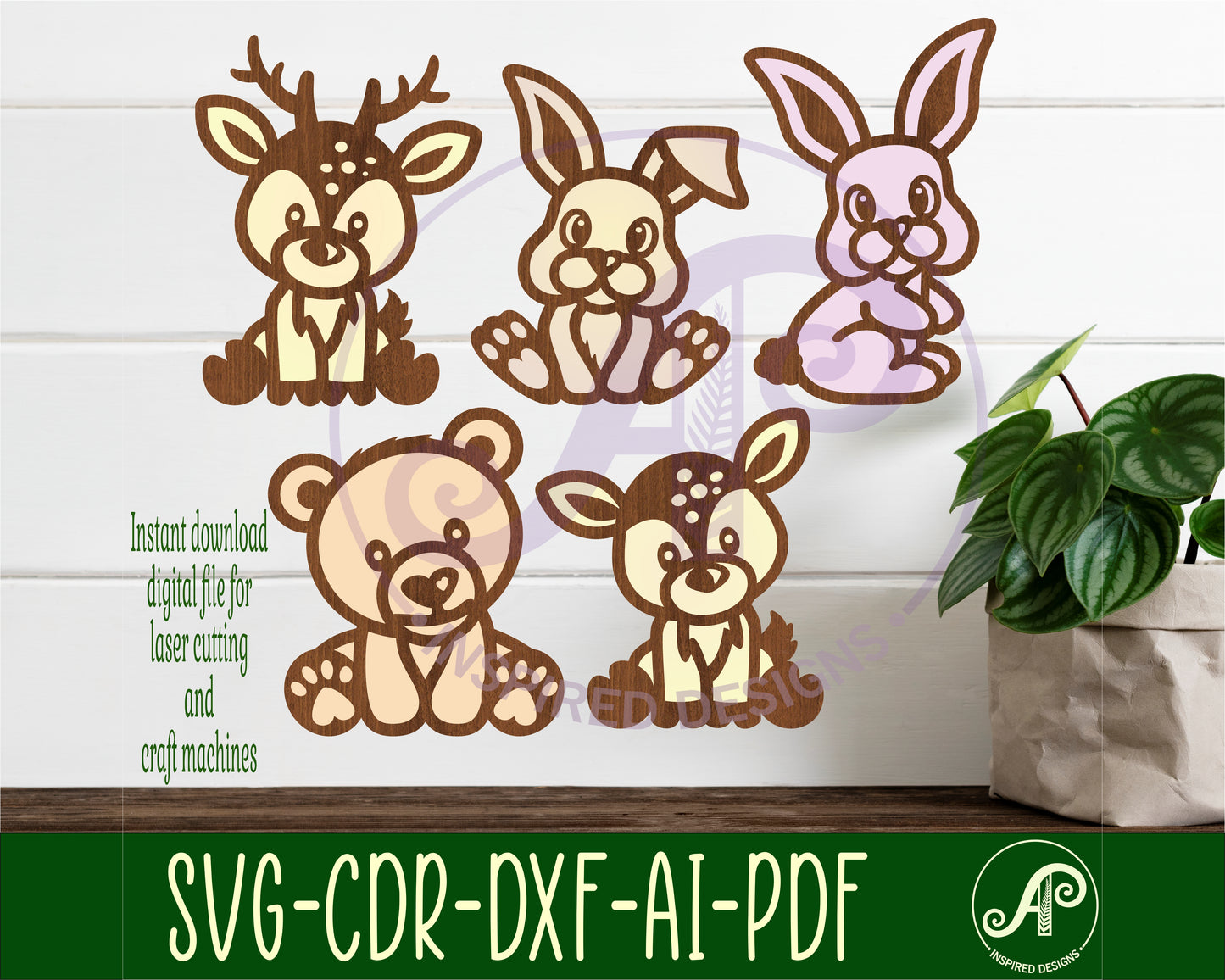 Woodland animals set 1 designs, 5 two layer shapes