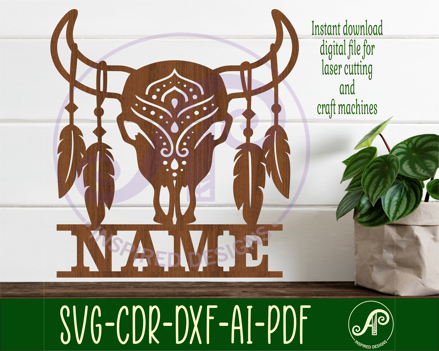 cow skull with feathers design shape name sign SVG / DXF / AI / PDF / CDR