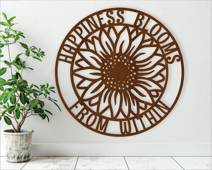 Happiness blooms sunflower wall sign design SVG / DXF / AI / PDF / CDR