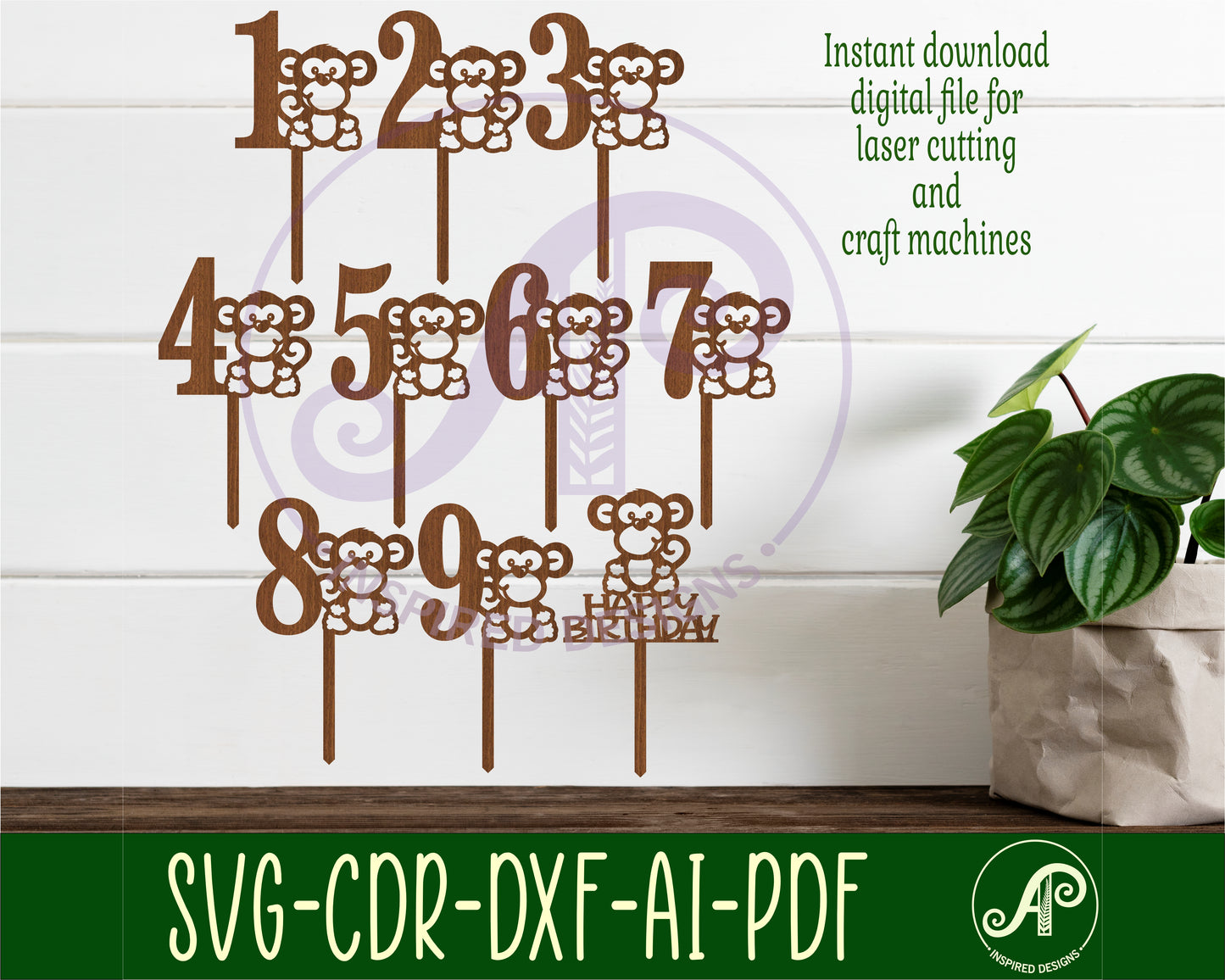 Cute monkey number cake topper designs SVG / DXF / AI / PDF / CDR