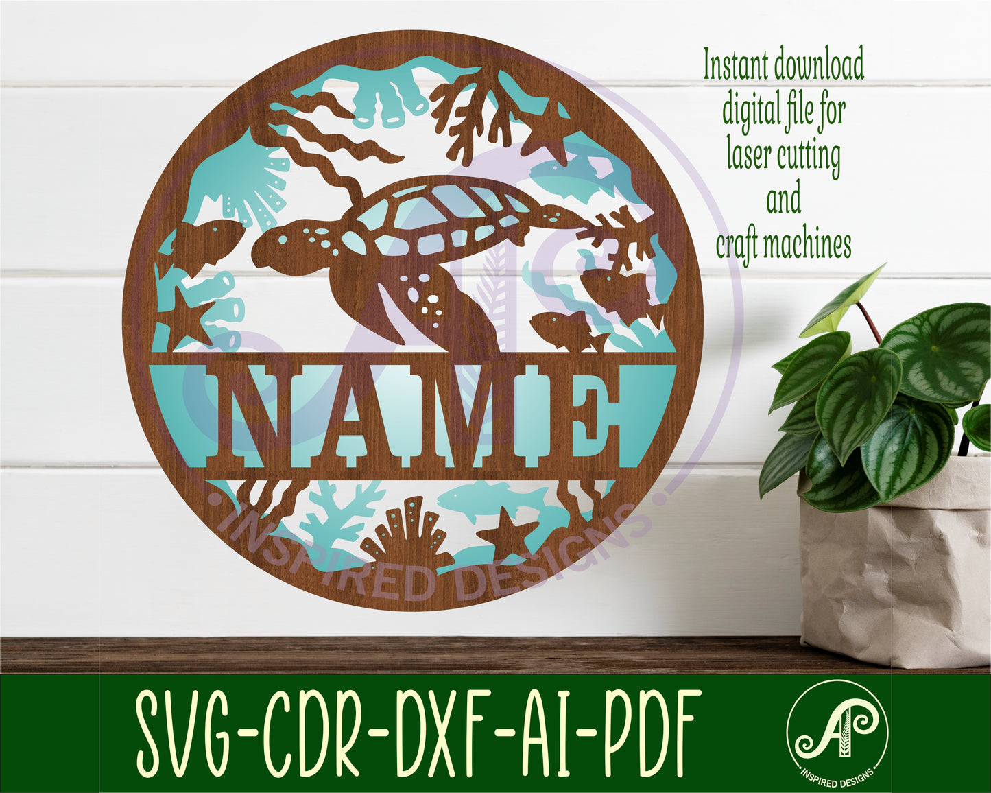 Turtle two layer name wall sign. SVG / DXF / AI / PDF / CDR