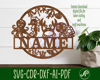 Cute sea animals name wall sign. SVG / DXF / AI / PDF / CDR