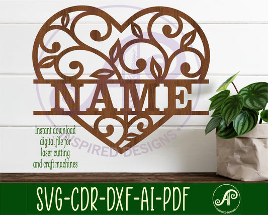 Heart vine name wall sign. SVG / DXF / AI / PDF / CDR