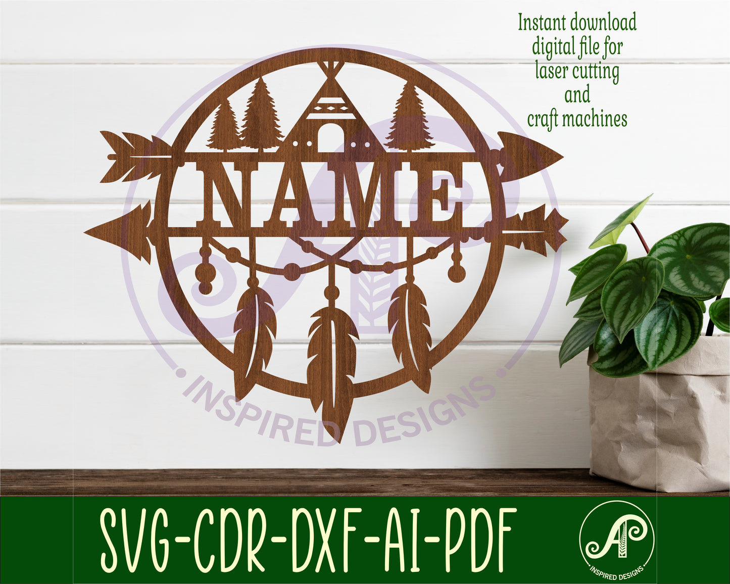 Feather and arrow name wall sign. SVG / DXF / AI / PDF / CDR