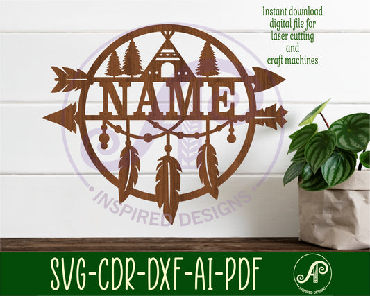 Feather and arrow name wall sign. SVG / DXF / AI / PDF / CDR