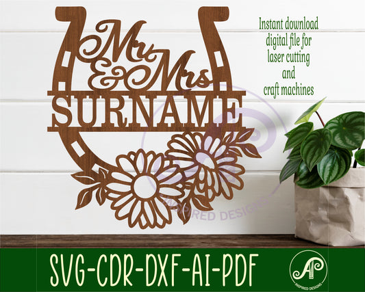 Horse shoe Mr and Mrs Daisy shape name sign SVG / DXF / AI / PDF / CDR