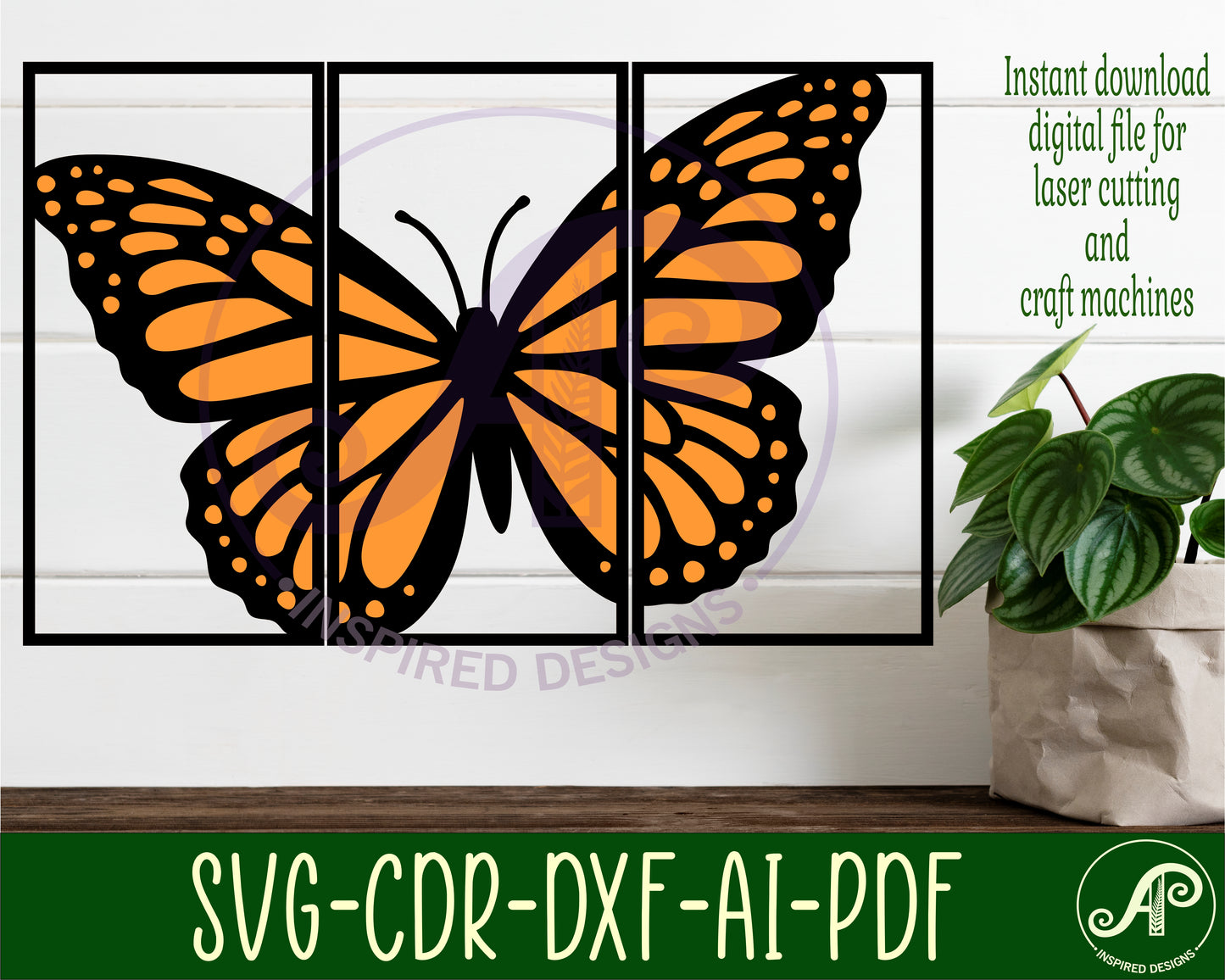 3 Panel monarch butterfly wall sign design SVG / DXF / AI / PDF / CDR