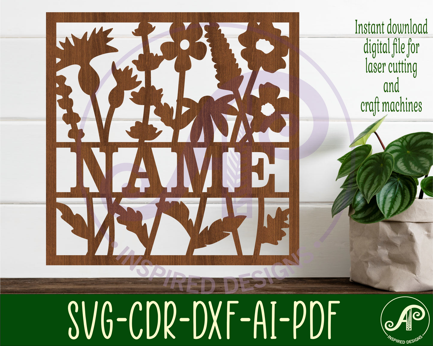 Wild flowers square name wall sign. SVG / DXF / AI / PDF / CDR