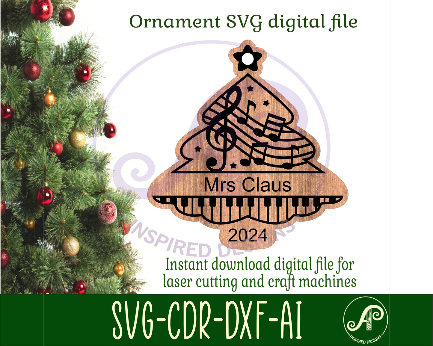 Music tree engraved ornament design SVG / DXF / AI