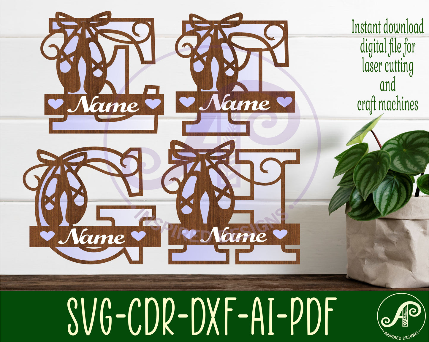 Ballet shoe layered monogram sign SVG / DXF / AI / PDF / CDR