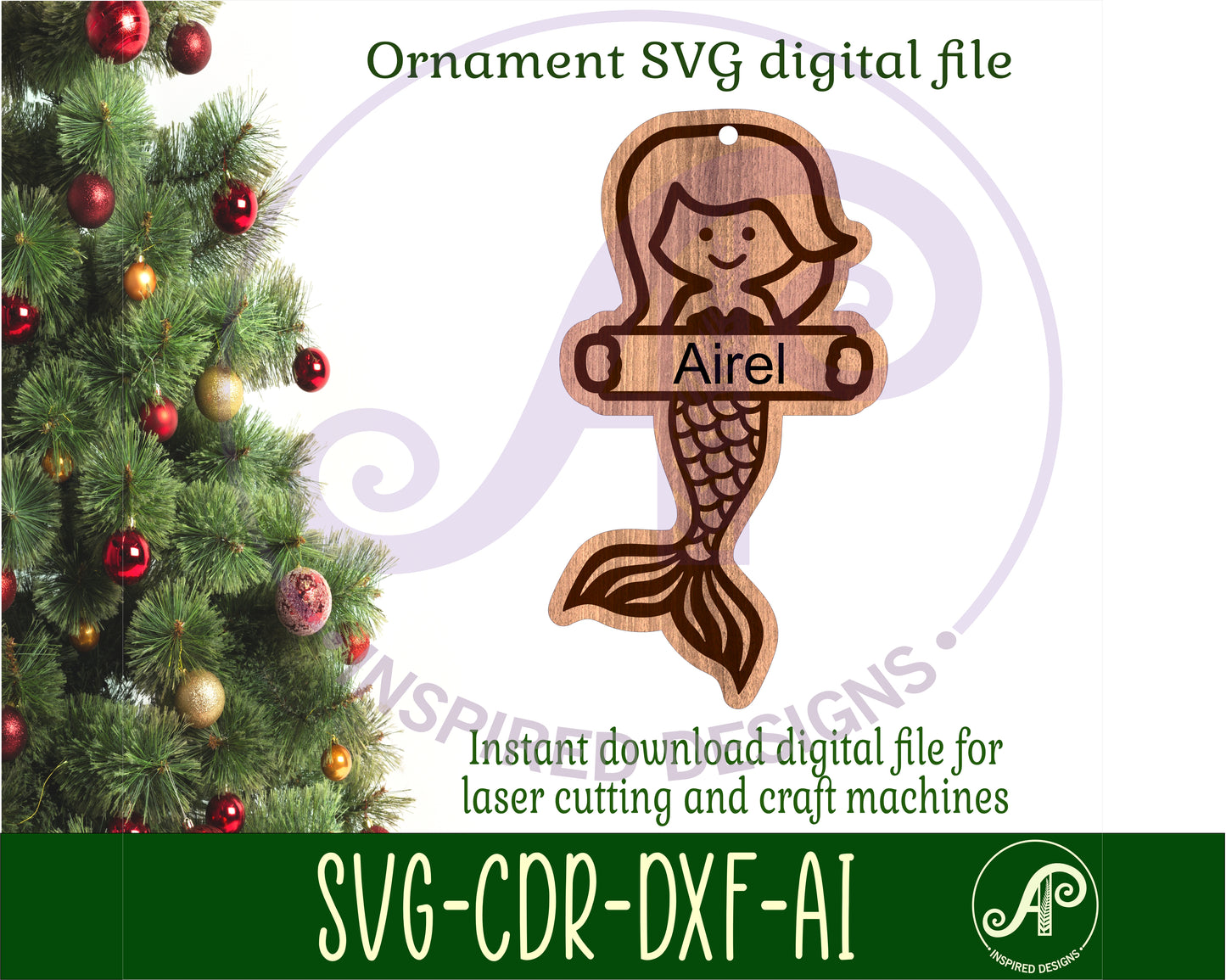 Mermaid engraved ornament design SVG / DXF / AI