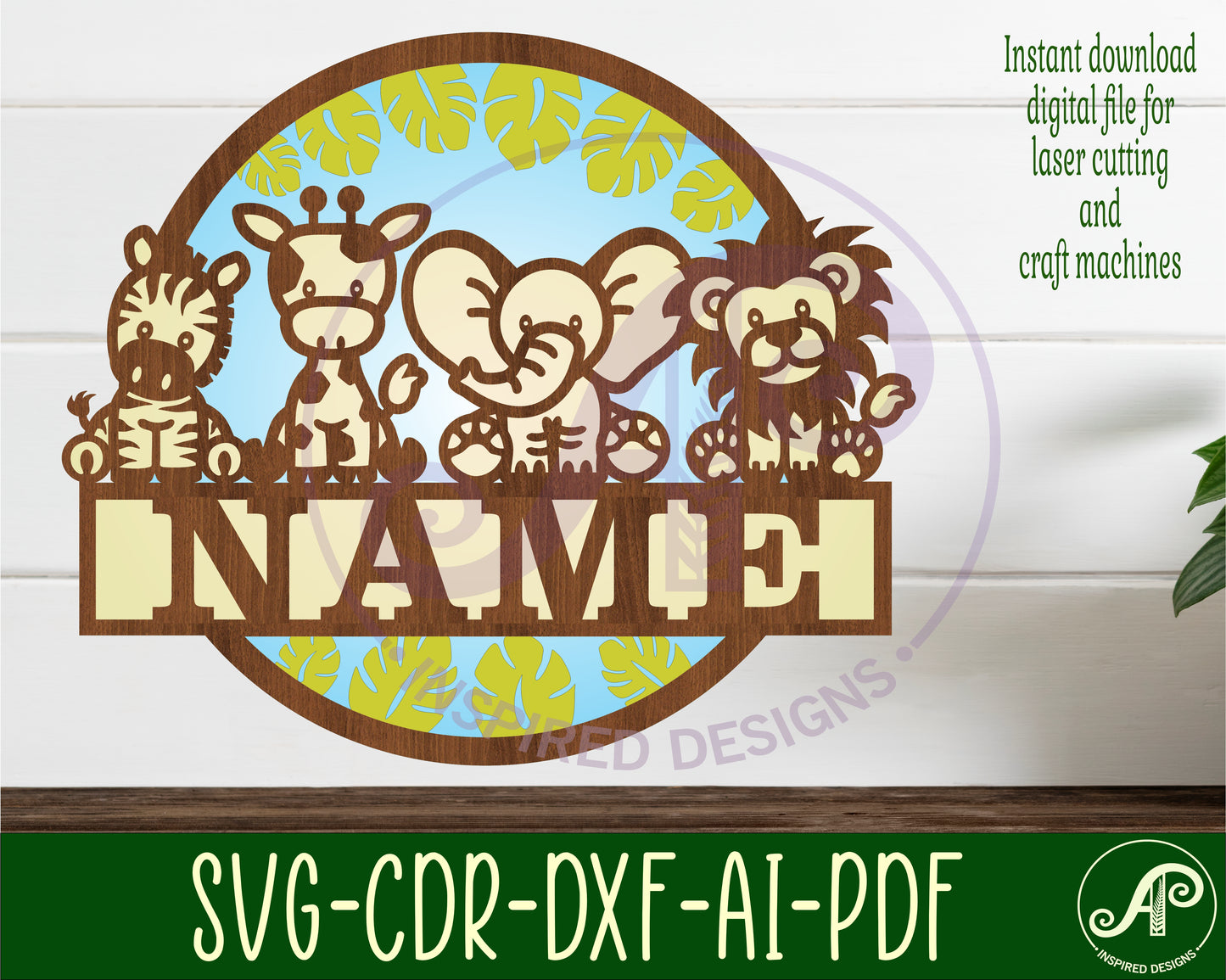 Safari animals layered name wall sign. SVG / DXF / AI / PDF / CDR