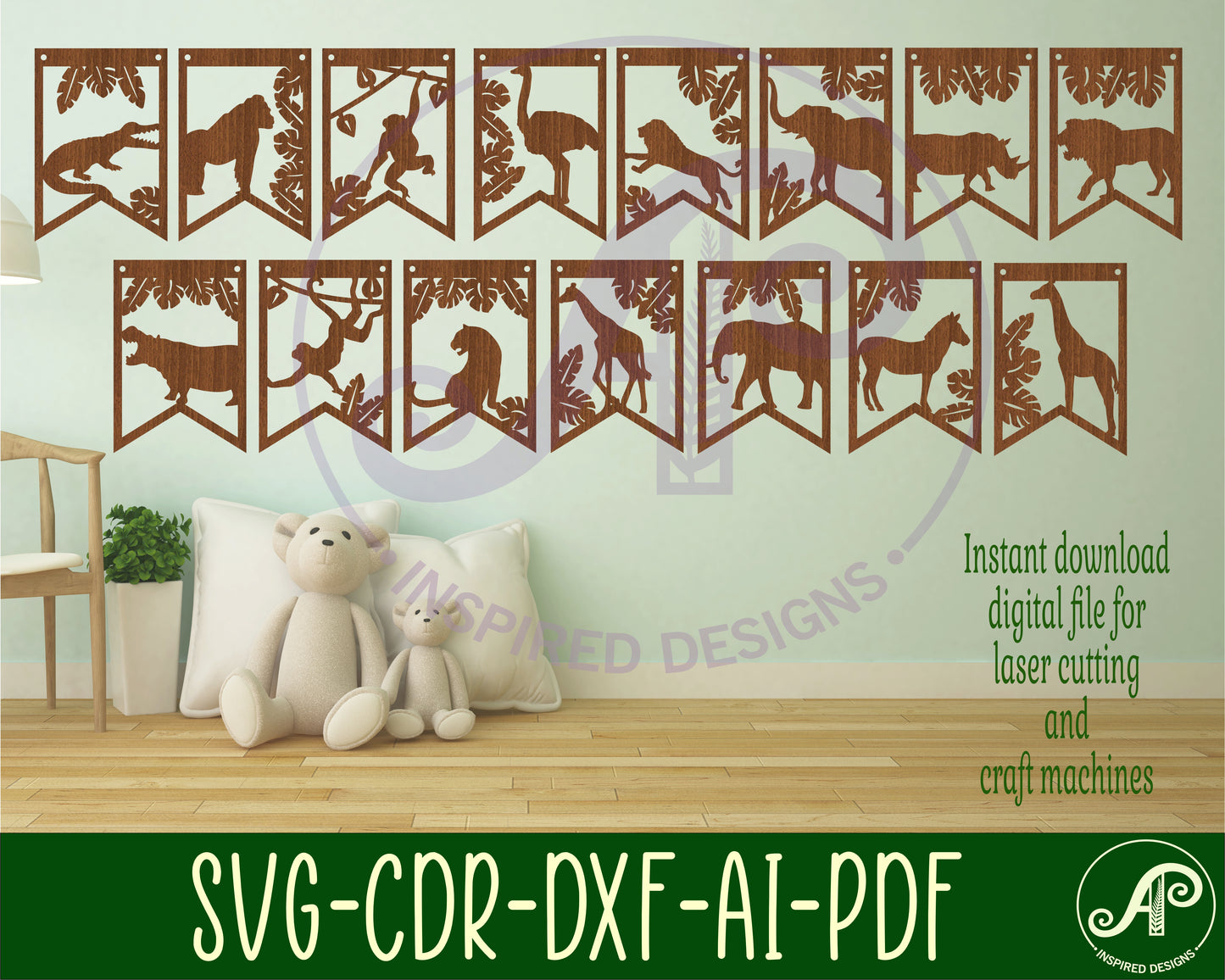 Wild animal bunting banner SVG laser cut, instant download Pdf, Dxf, Ai and Cdr template.