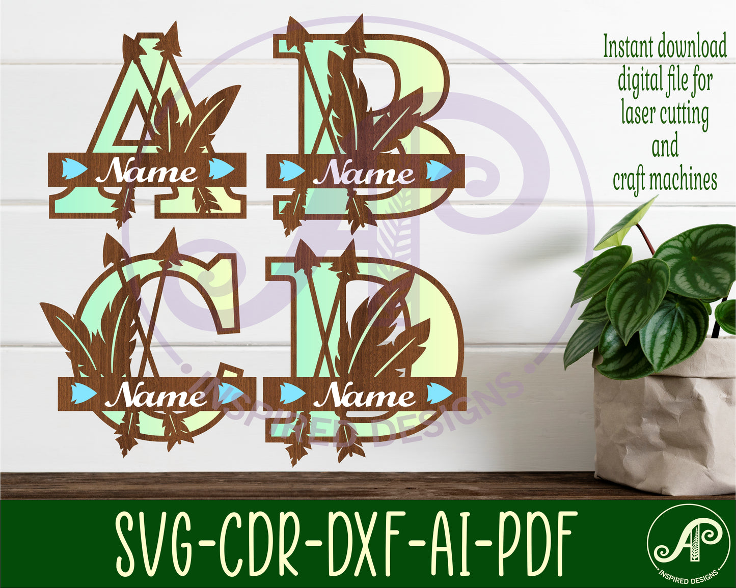 Feather layered monogram sign SVG / DXF / AI / PDF / CDR