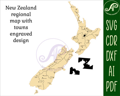 regions with towns NZ outline wall sign design SVG / DXF / AI / PDF / CDR