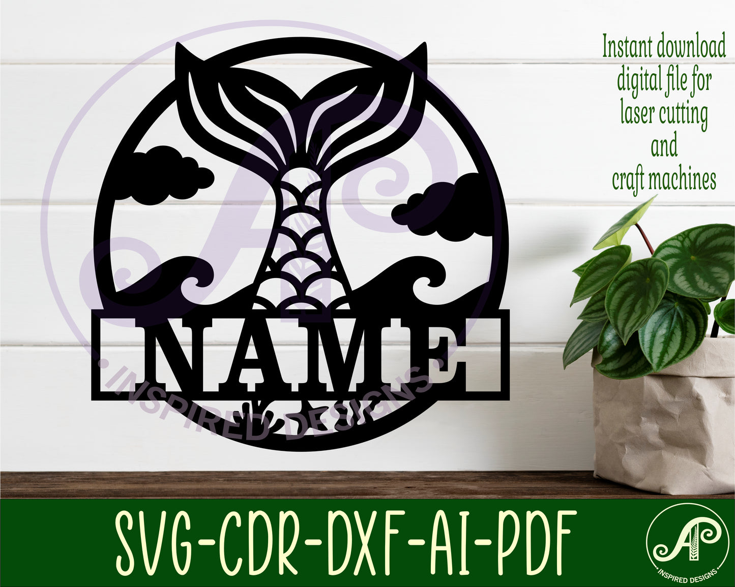 Mermaid tail name wall sign. SVG / DXF / AI / PDF / CDR