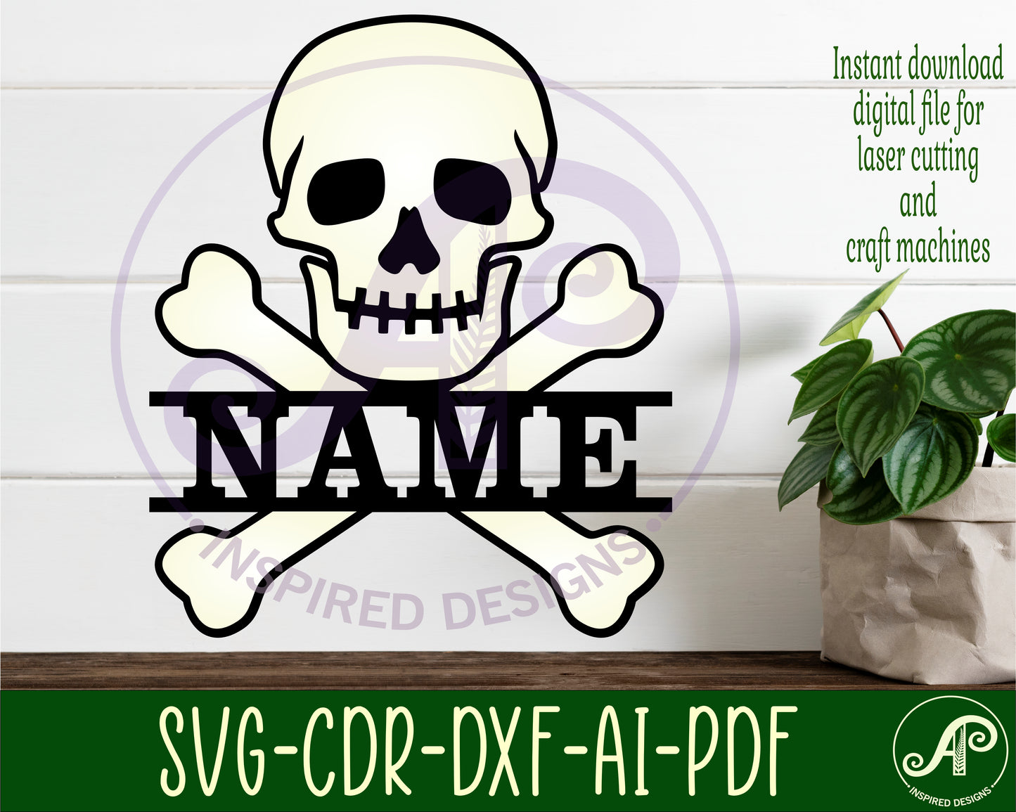 Skull and bones two layer shape name sign design 2 SVG / DXF / AI / PDF / CDR