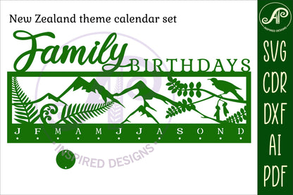 Family birthday calendar New Zealand scene design  SVG / DXF / AI / PDF / CDR