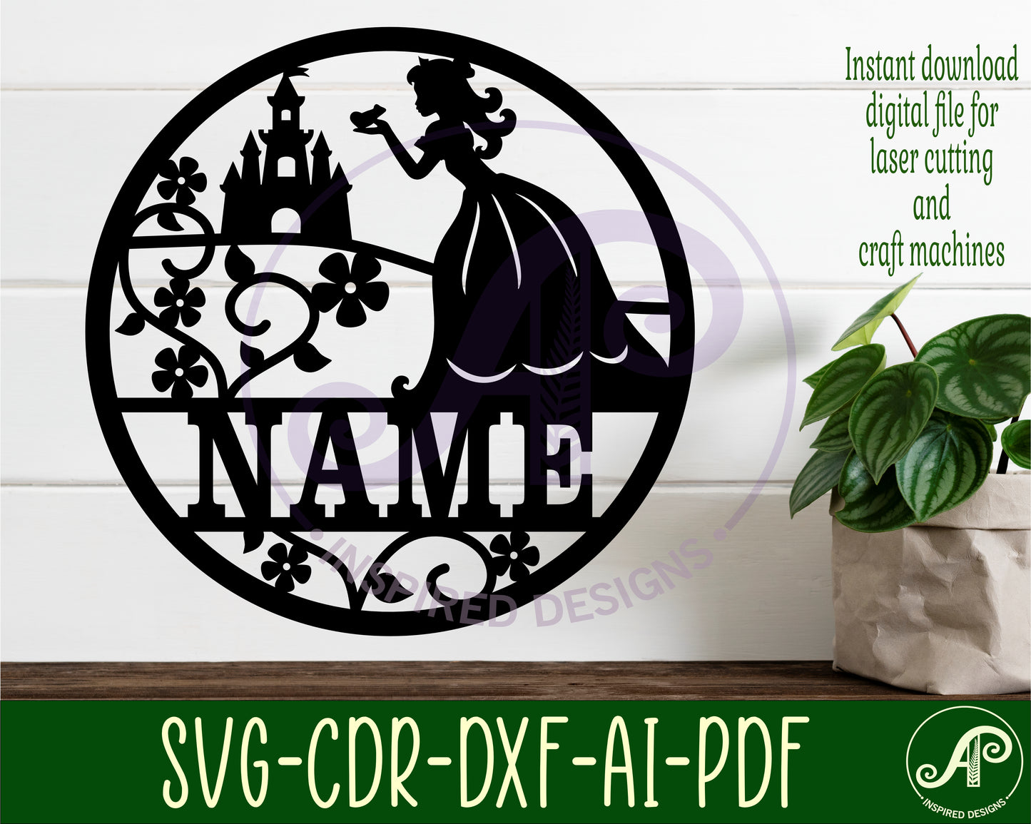 Princess and vine name wall sign. SVG / DXF / AI / PDF / CDR