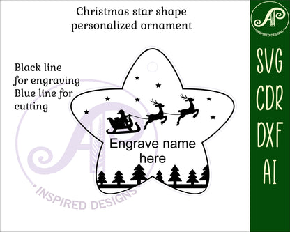 Santa sleigh star engraved ornament design SVG / DXF / AI