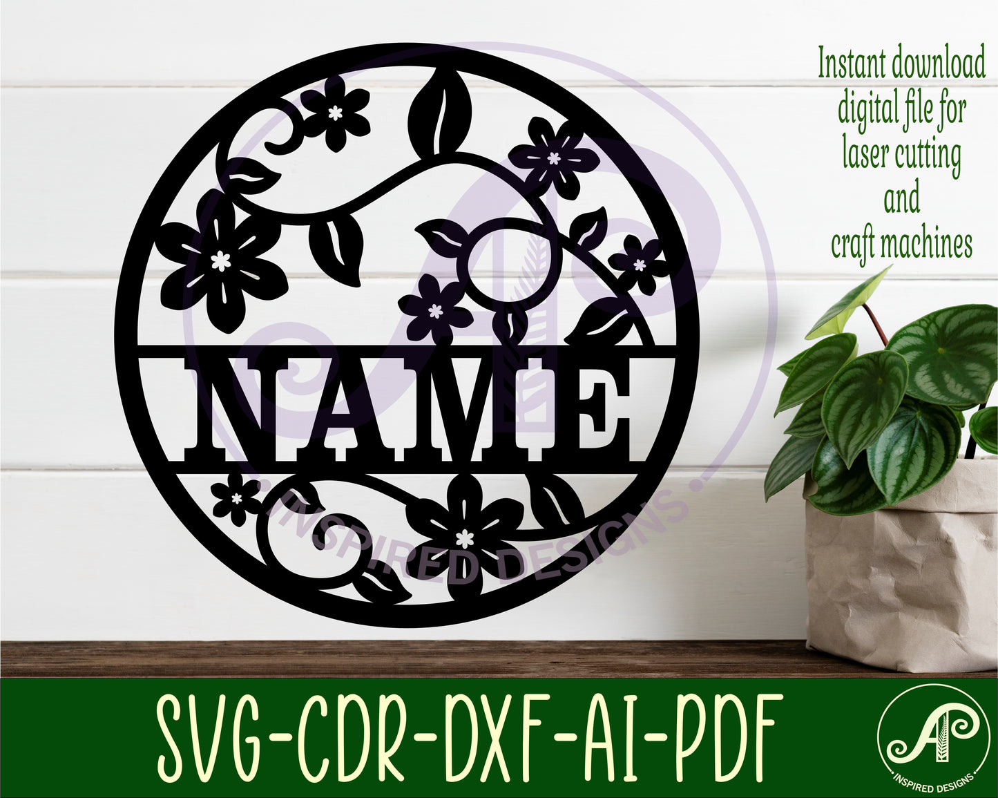 Vine flowers name wall sign. SVG / DXF / AI / PDF / CDR