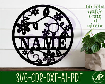 Vine flowers name wall sign. SVG / DXF / AI / PDF / CDR