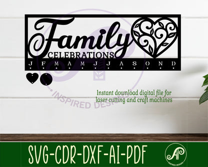 Family birthday calendar vine heart design  SVG / DXF / AI / PDF / CDR