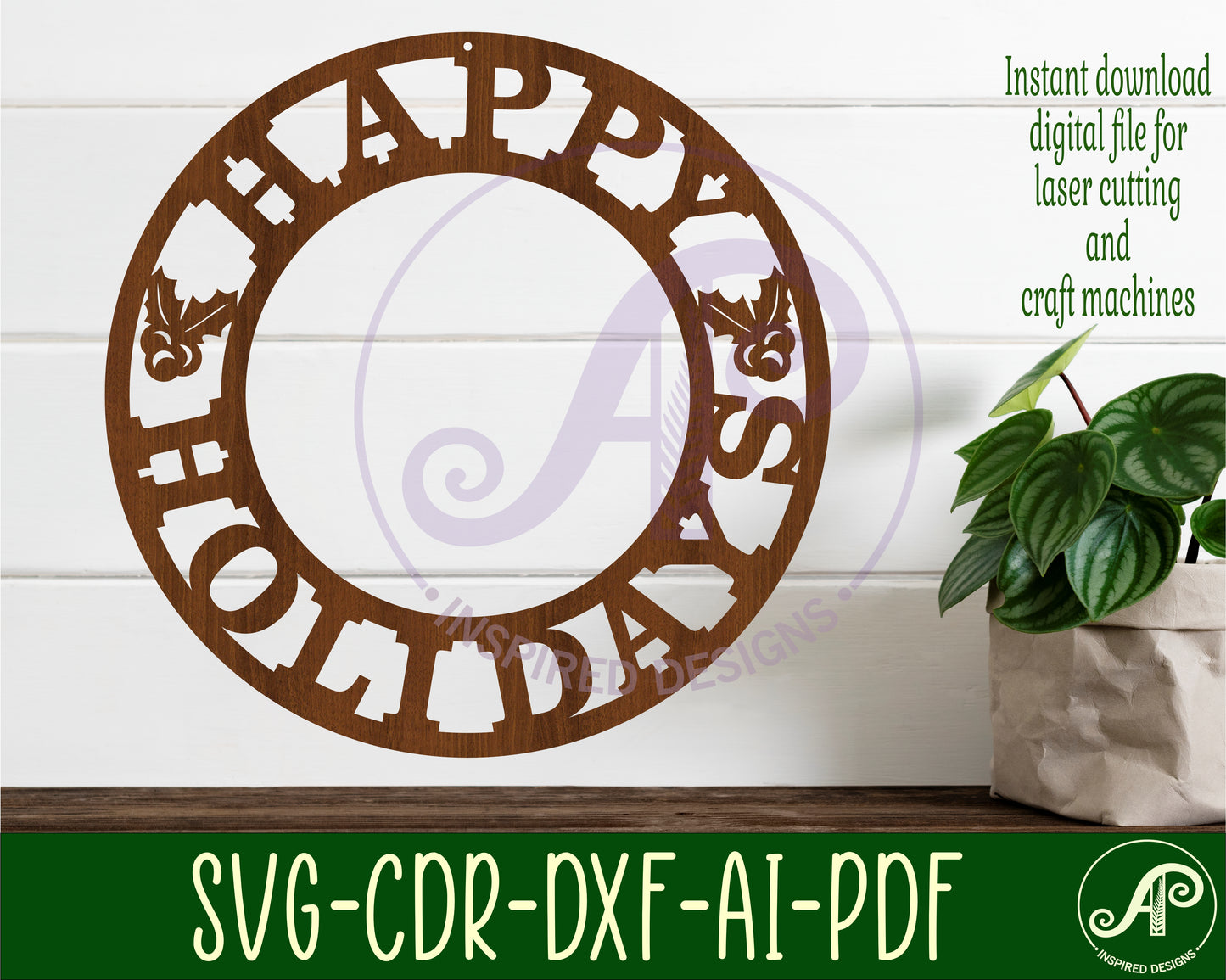 Happy Holidays wreath wall sign design SVG / DXF / AI / PDF / CDR