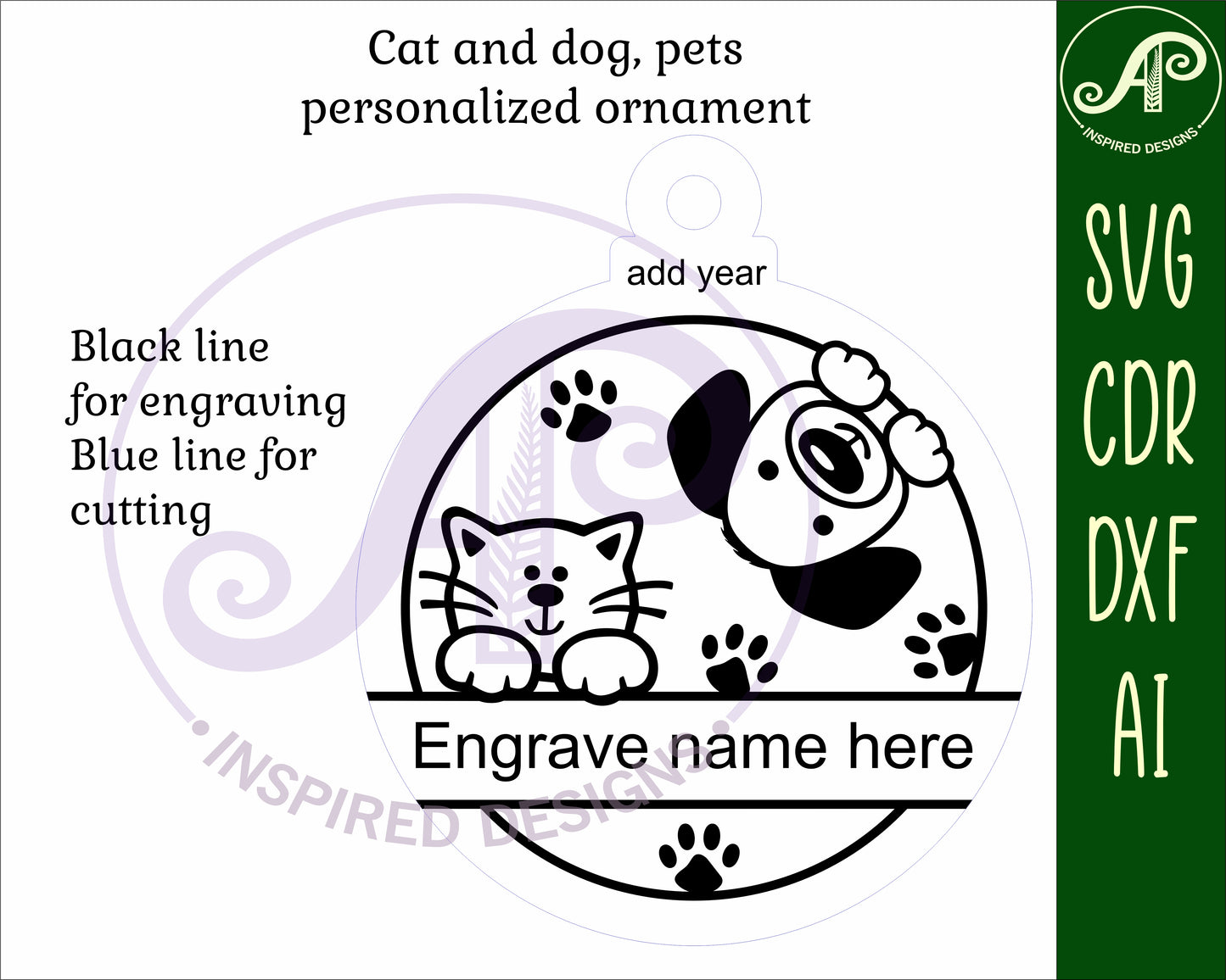 Cat and Dog engraved ornament design SVG / DXF / AI