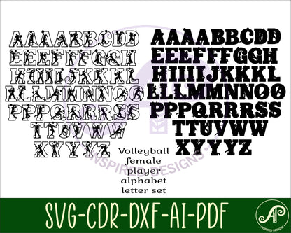 Volleyball female player alphabet letter set. 57 letter options