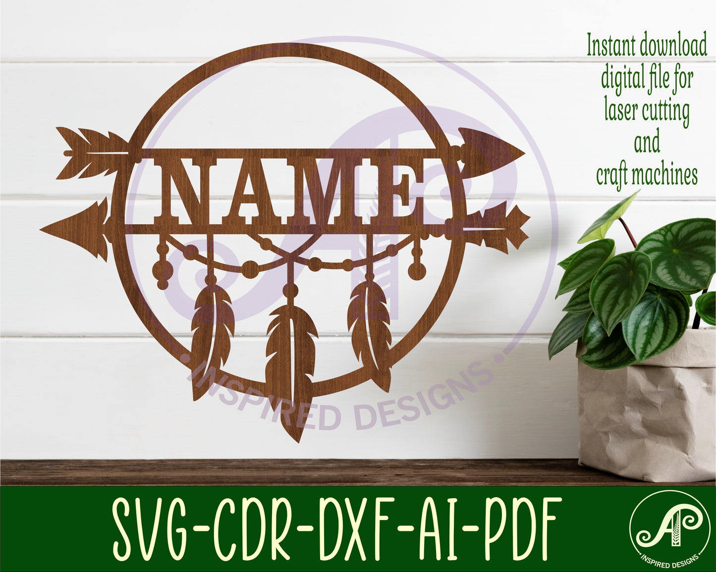 Feather and arrow name wall sign. SVG / DXF / AI / PDF / CDR