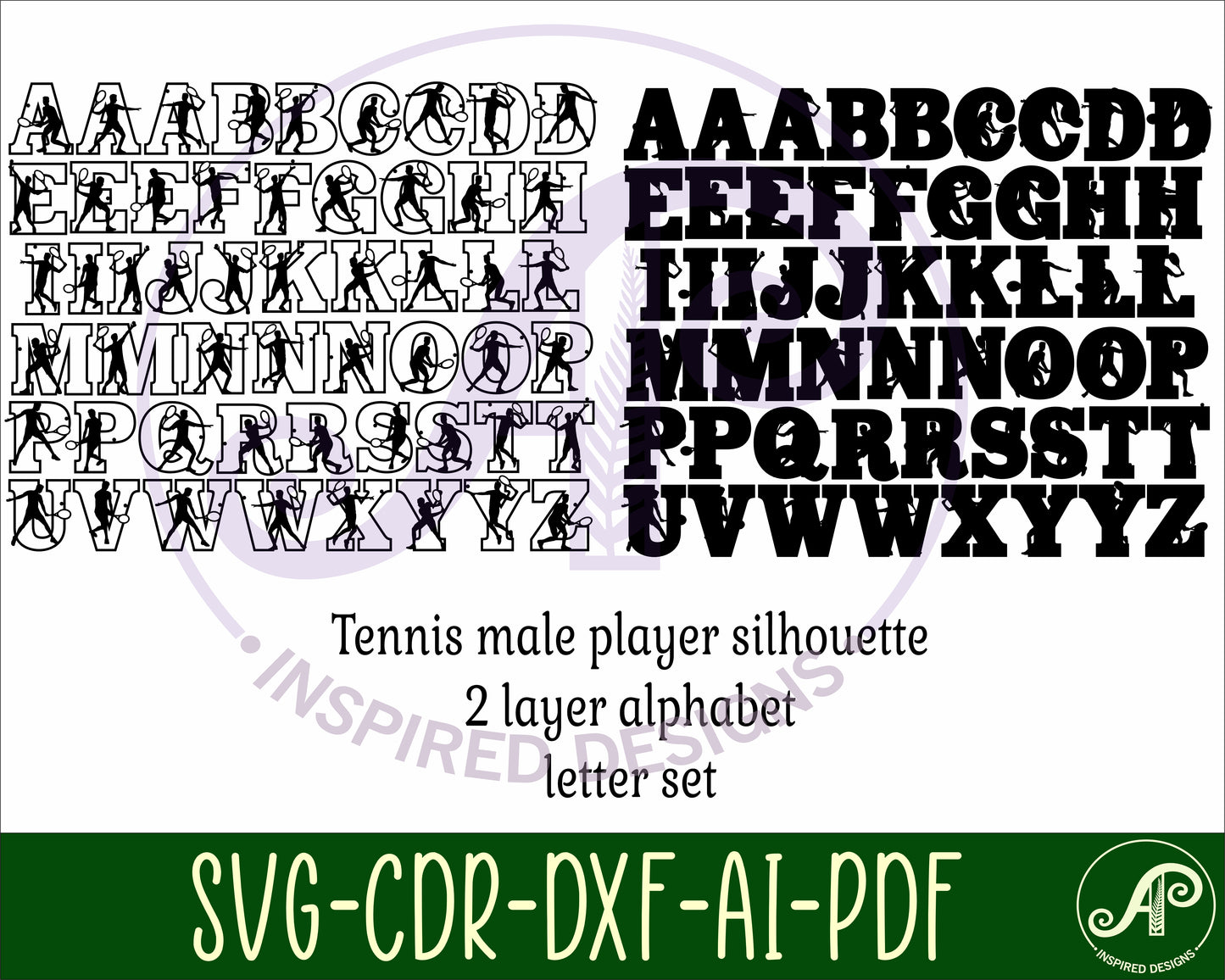 Tennis male player alphabet letter set. 53 letter options