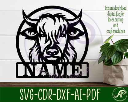 Highland cow detailed shape name sign SVG / DXF / AI / PDF / CDR