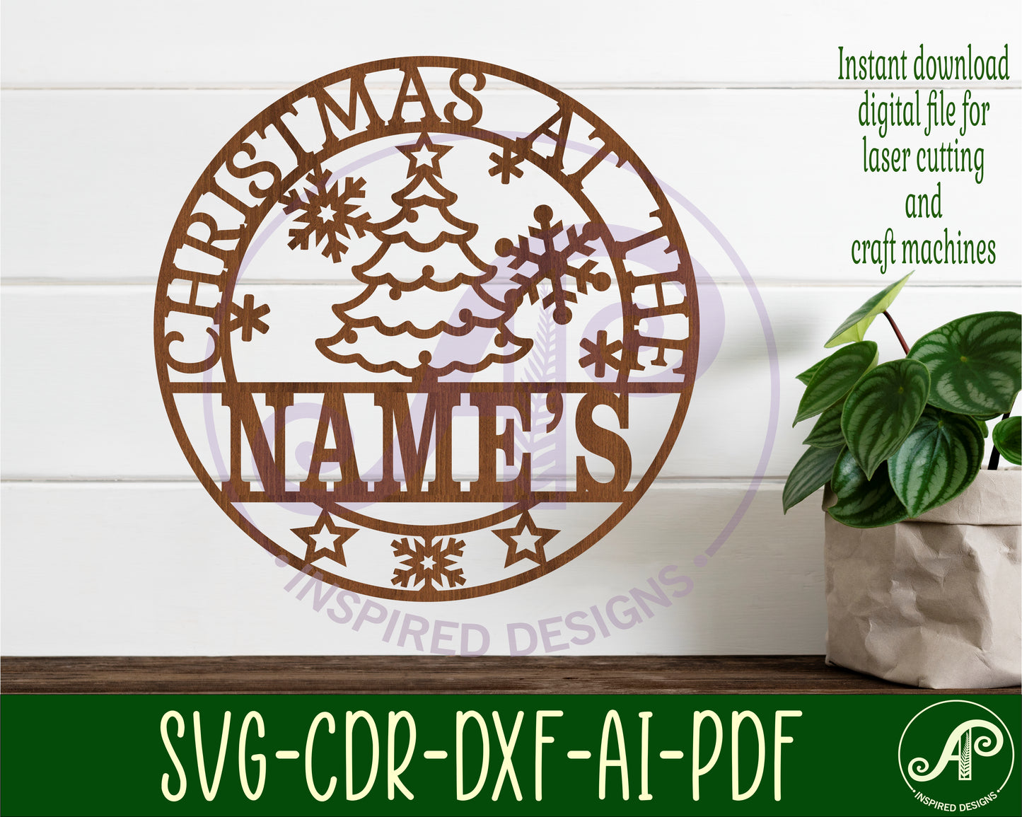 Christmas name wall sign - tree design. SVG / DXF / AI / PDF / CDR