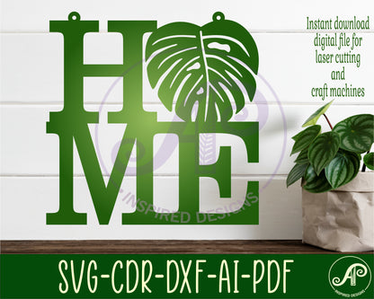 Home word with monstera leaf wall sign design SVG / DXF / AI / PDF / CDR