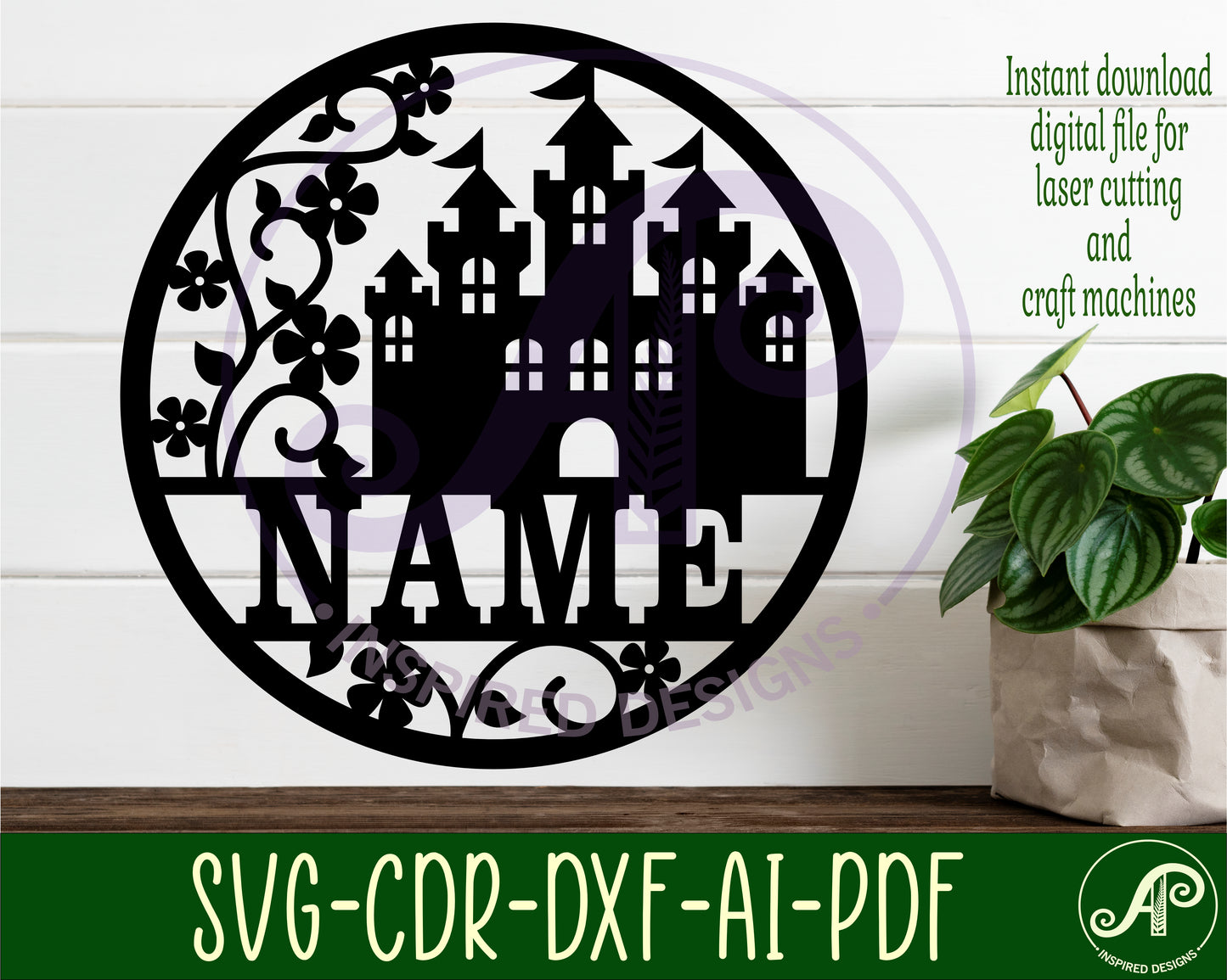 Castle and vines name wall sign. SVG / DXF / AI / PDF / CDR