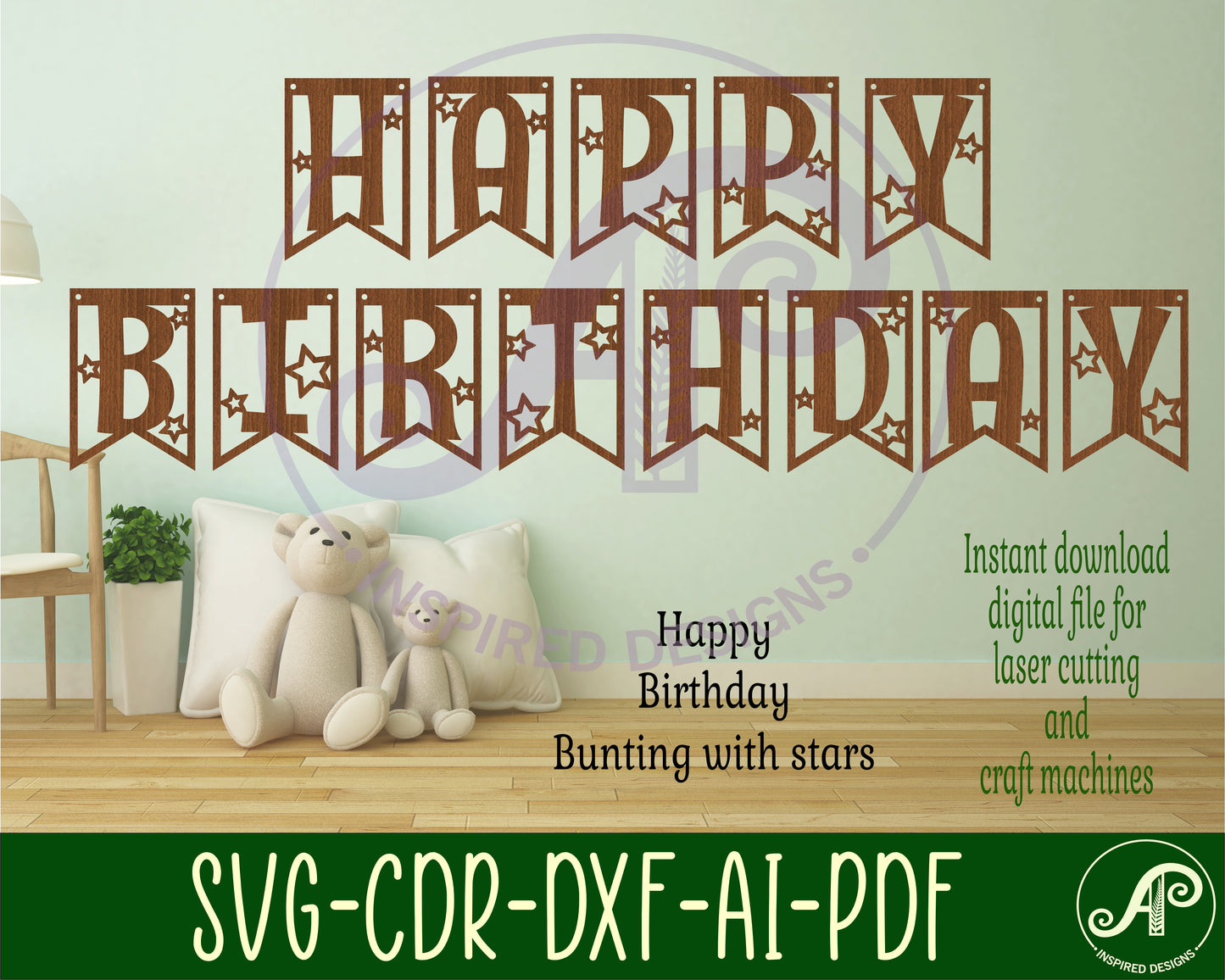 Happy birthday bunting banner SVG laser cut, instant download Pdf, Dxf, Ai and Cdr template.