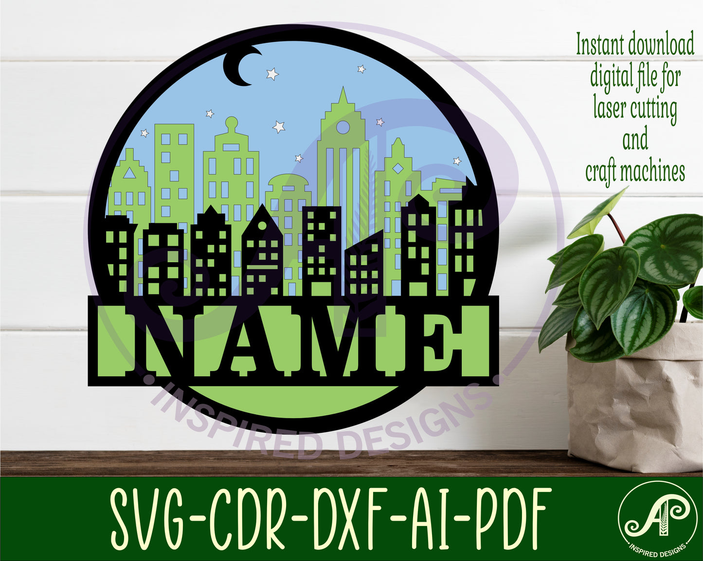 City scene layered name wall sign. SVG / DXF / AI / PDF / CDR