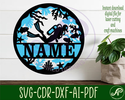 Scuba diver two layer name wall sign. SVG / DXF / AI / PDF / CDR