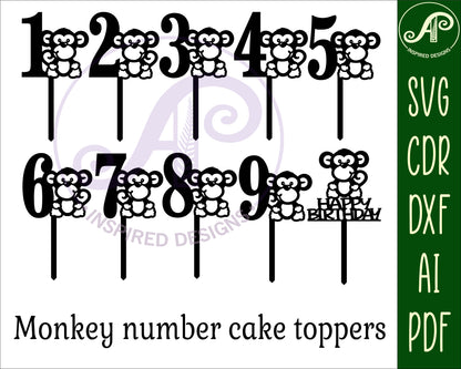 Cute monkey number cake topper designs SVG / DXF / AI / PDF / CDR