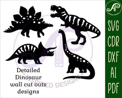 Detailed Dinosaur designs, 4 silhouette shapes