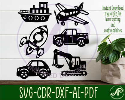 Transport vehicles designs, 6 silhouette shapes wall signs