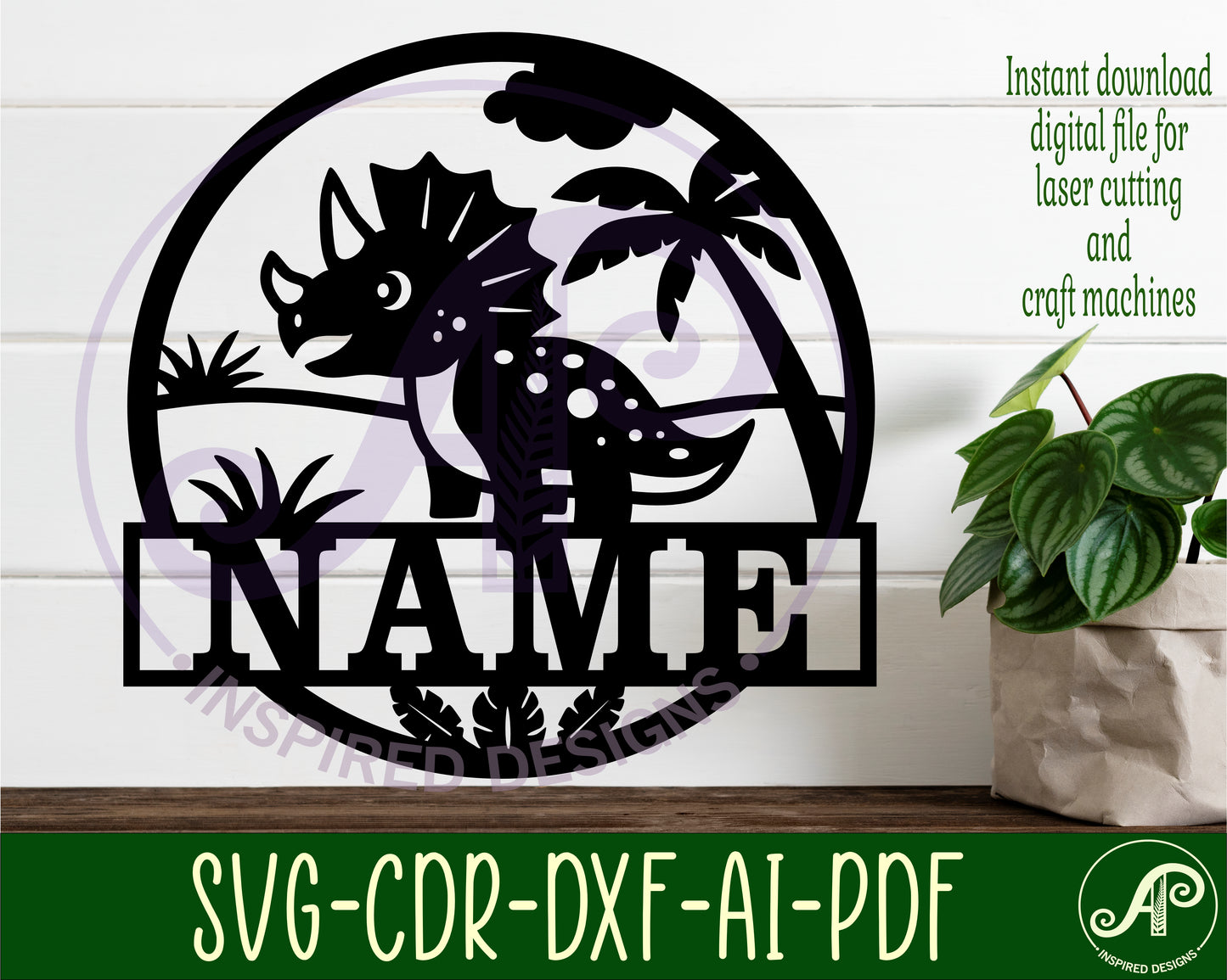 Triceratops Dinosaur name wall sign. SVG / DXF / AI / PDF / CDR