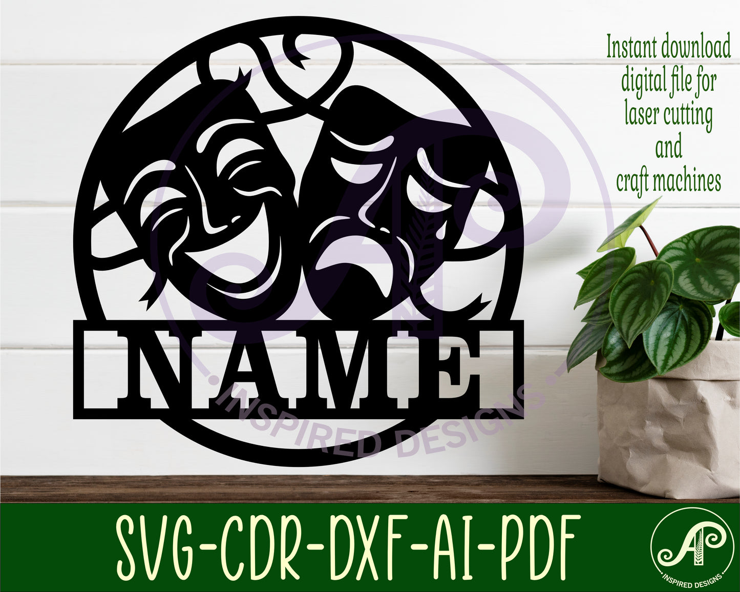 Performing arts masks name wall sign. SVG / DXF / AI / PDF / CDR