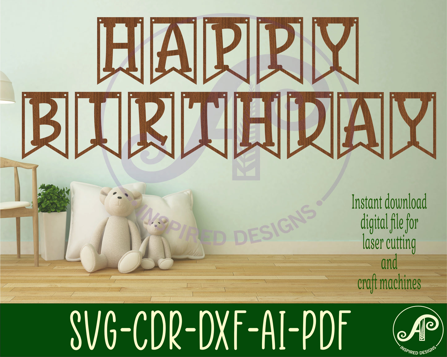 Happy birthday bunting SVG laser cut, instant download Pdf, Dxf, Ai and Cdr template.