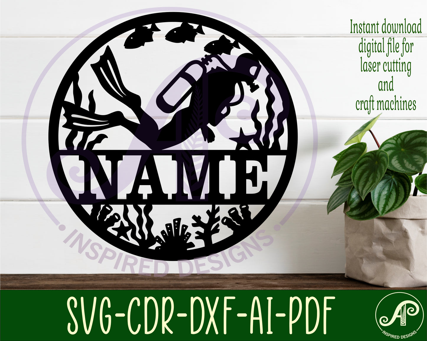 Scuba diver name wall sign. SVG / DXF / AI / PDF / CDR