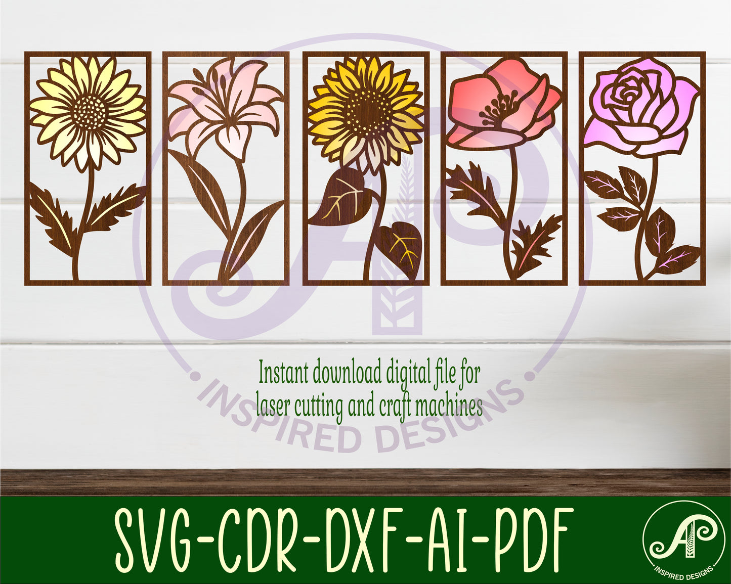 5 flower two layer wall art panels SVG / DXF / AI / PDF / CDR