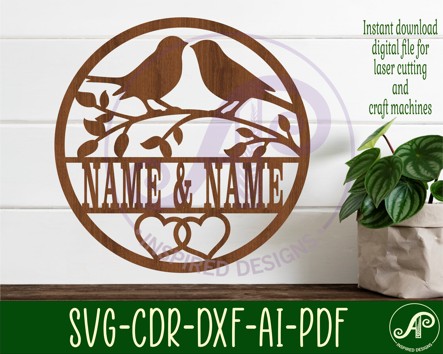 Love birds anniversary name wall sign. SVG / DXF / AI / PDF / CDR