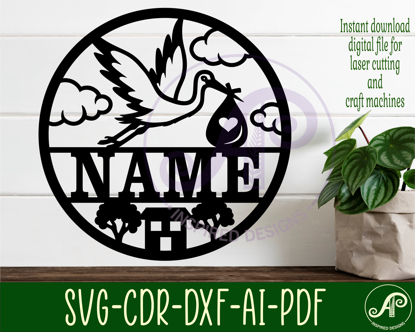 Stork bird name wall sign. SVG / DXF / AI / PDF / CDR