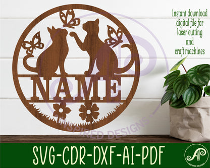 Cat and butterflies name wall sign. SVG / DXF / AI / PDF / CDR